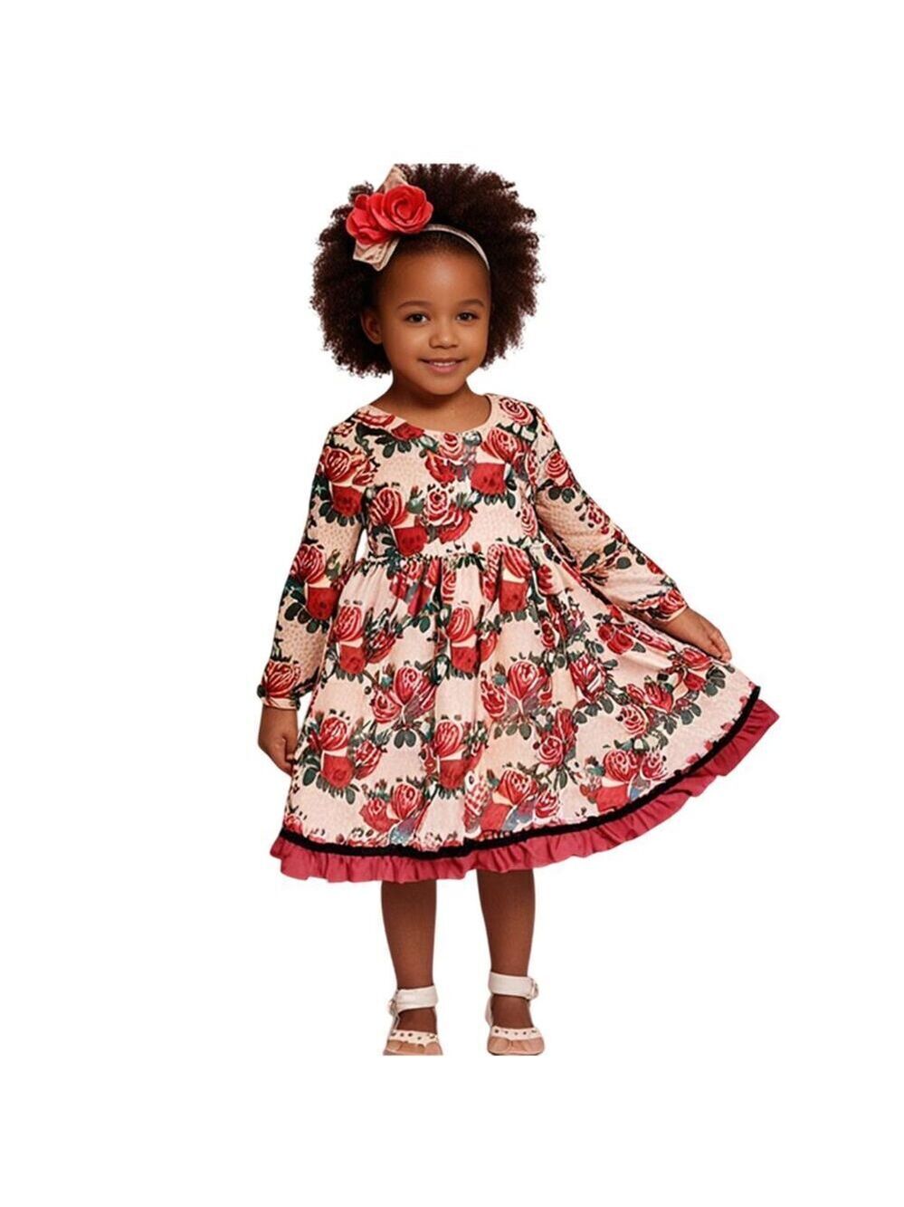 Matilda Jane Pink Red Rose Floral & Polka Dot Ruffle Hem Dress Size 2